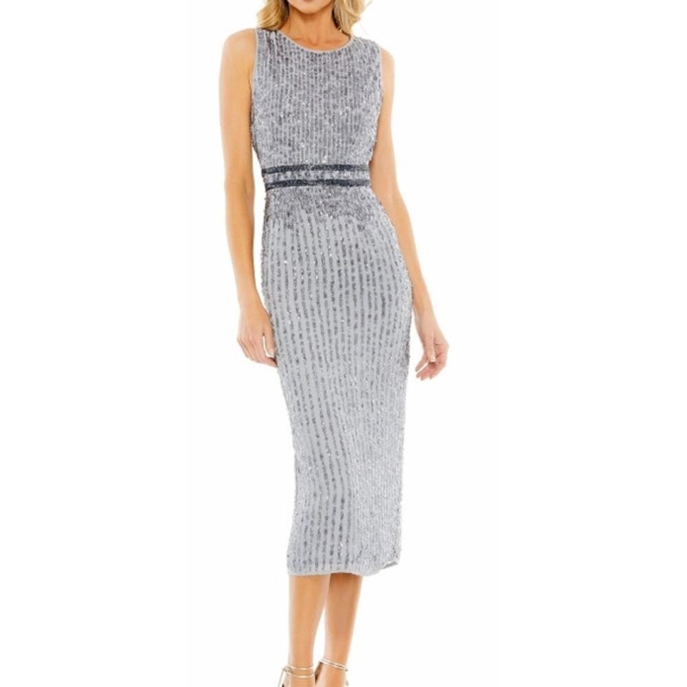 Mac Duggal 10509 Dress Sleeveless Sequined Sheath Midi Platinum Silver NWT 12